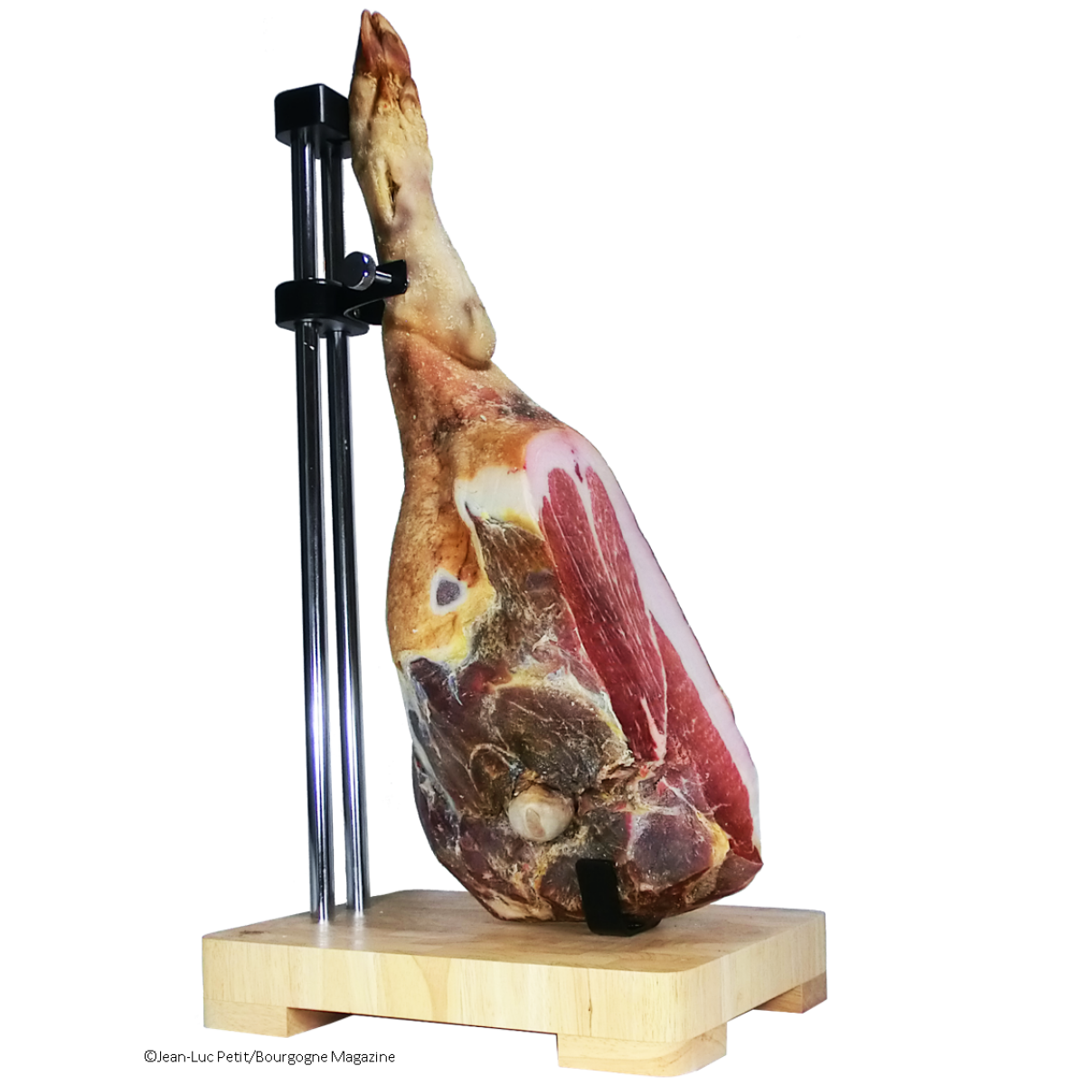 Jambon Sec du Morvan 18 mois avec Os 8,5kg Fernand Dussert sur support à Jambon avec plateau en