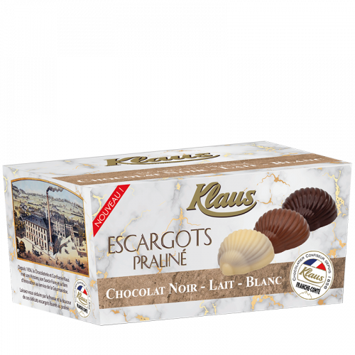 Escargots de Bourgogne Chocolat Noir, lait et Blanc Praliné Ballotin 490g - Klaus