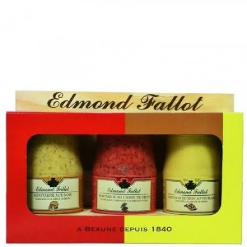 Trio Gourmand de 3 moutardes 100g sur présentoire bois Fallot